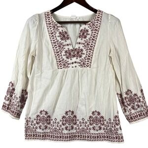 GAP Womens S Embroidered Boho Peasant Blouse Off White Red 3 4 Sleeve Cotton Top